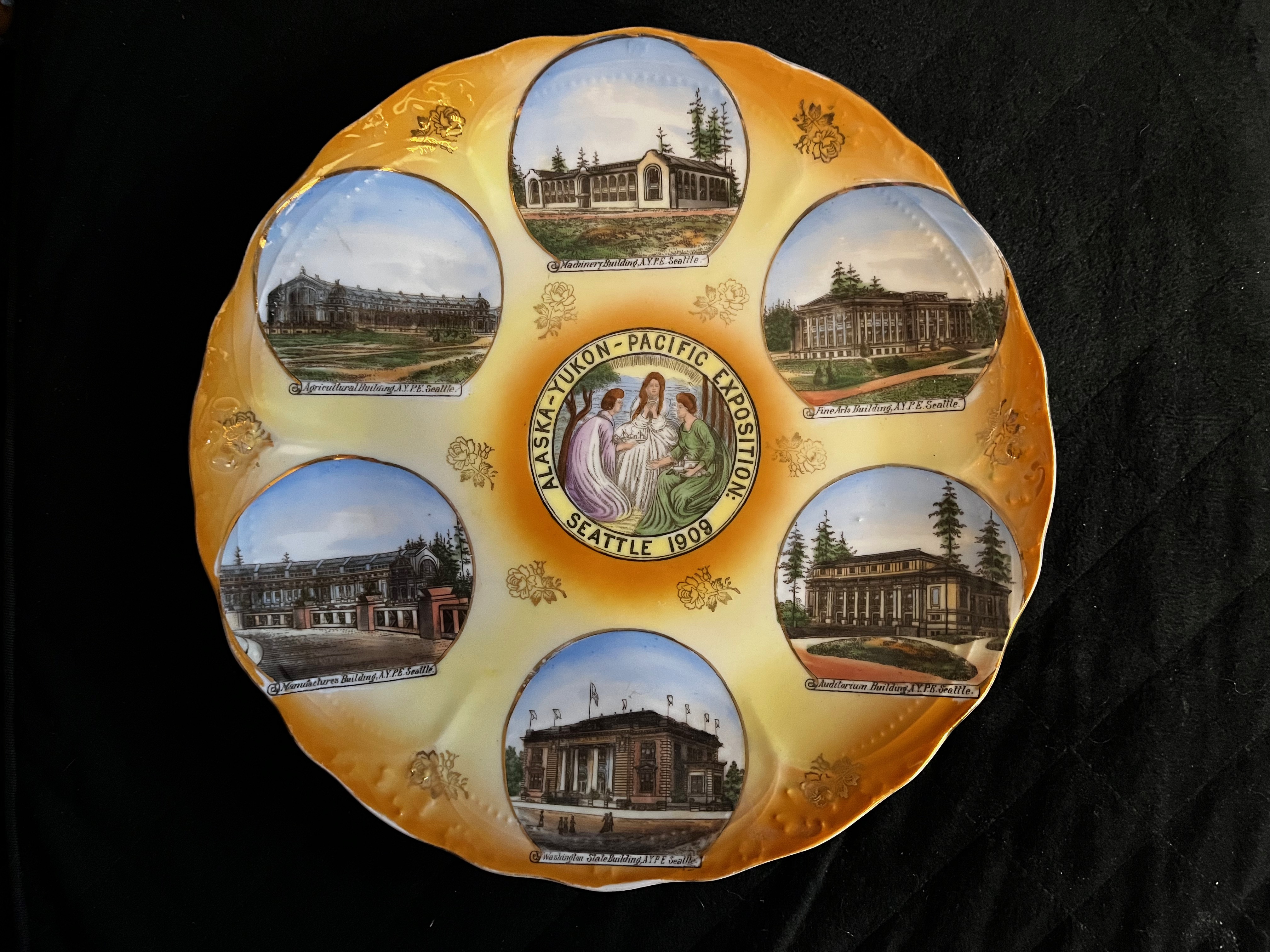 1909 Made in Germany VERY RARE Porcelain Hand-Painted Alaska-Yukon-Pacific Exposition 9.5” Commemorative Plate